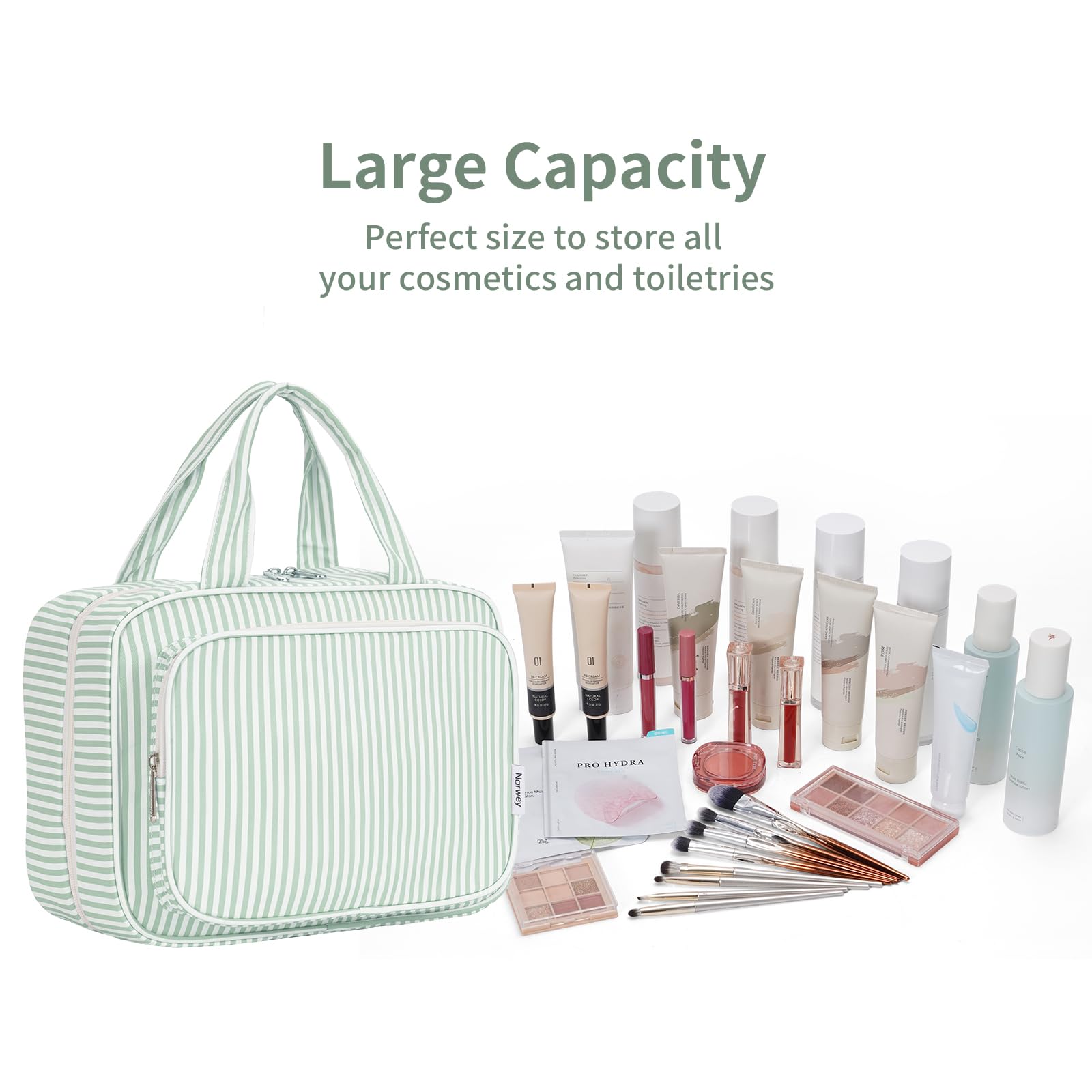Narwey Large Hanging Travel Toiletry Bag for Women Wash Bag Cosmetics Makeup Bag Organizer for Full Size Accessories (Mint Green Stripe (Large)) — view 7