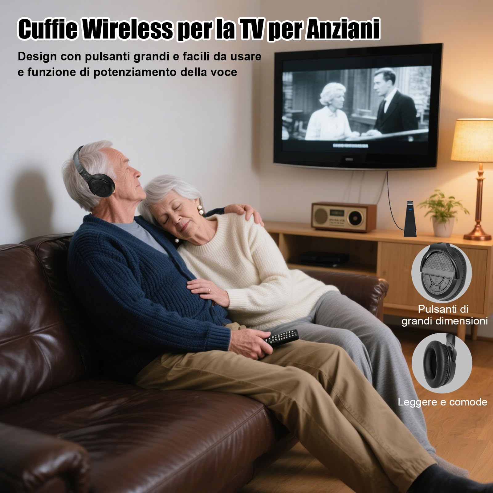 Cuffie TV Senza Fili con Base Trasmettitore di Ricarica, Cuffie Wireless per TV, Pulsanti Grandi e Amplificazione del Suono per Anziani, 20H di Autonomia, Cuffie Bluetooth Leggere e Confortevoli