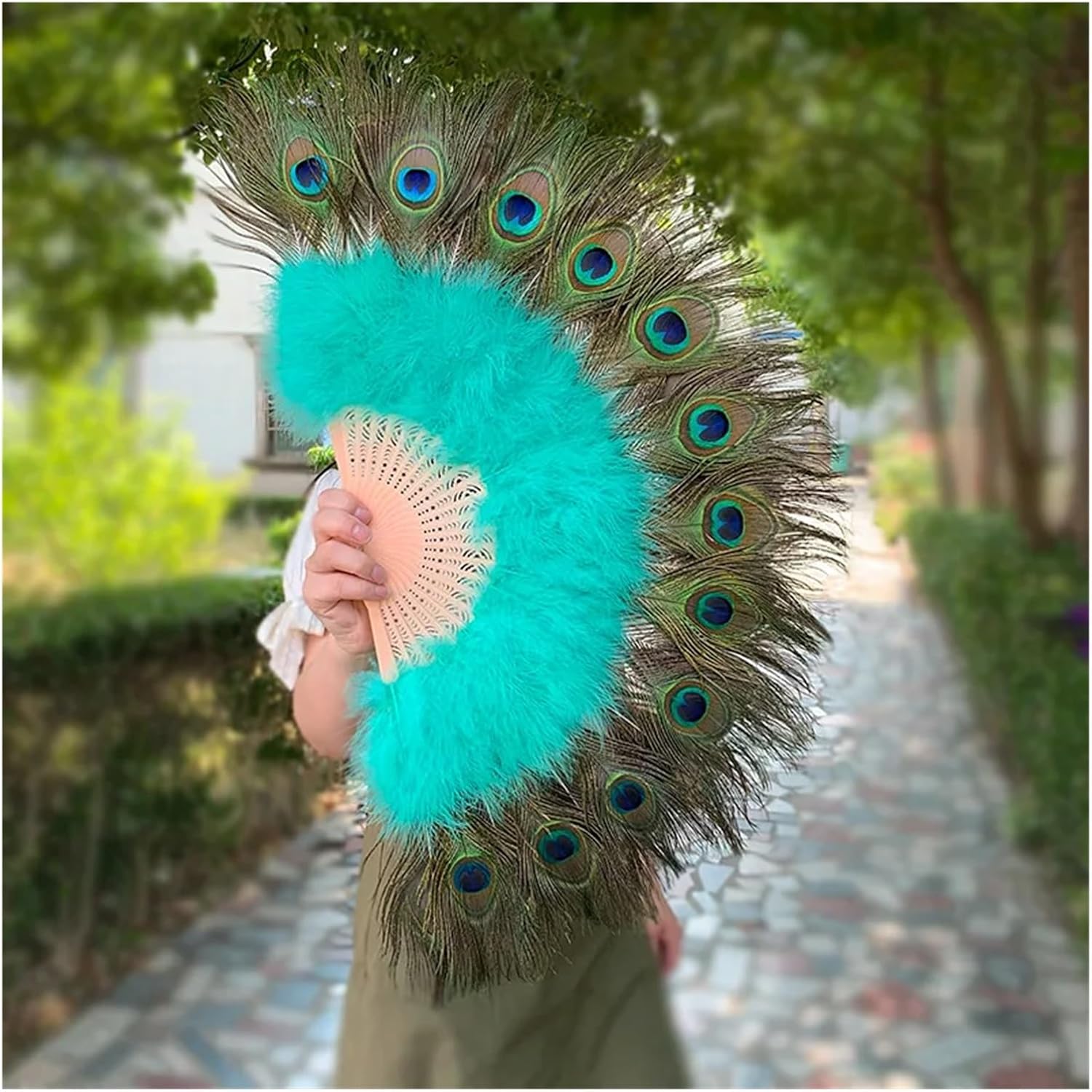 Peacock Feather Fan Performance Feather Folding Fan Gothic Dance Hand Fan Folding Feather Fans(White)