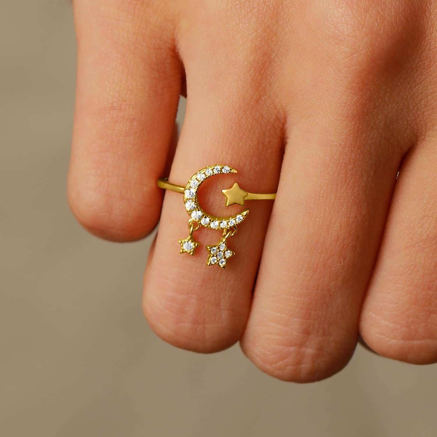 Star and Moon Rings for Women Dainty 925 Sterling Silver Crescent 14K Gold Plated Adjustable Star Statement Open Rings Finger Ring to Daughter Mom Halloween Mother’s Day Jewelry Gifts