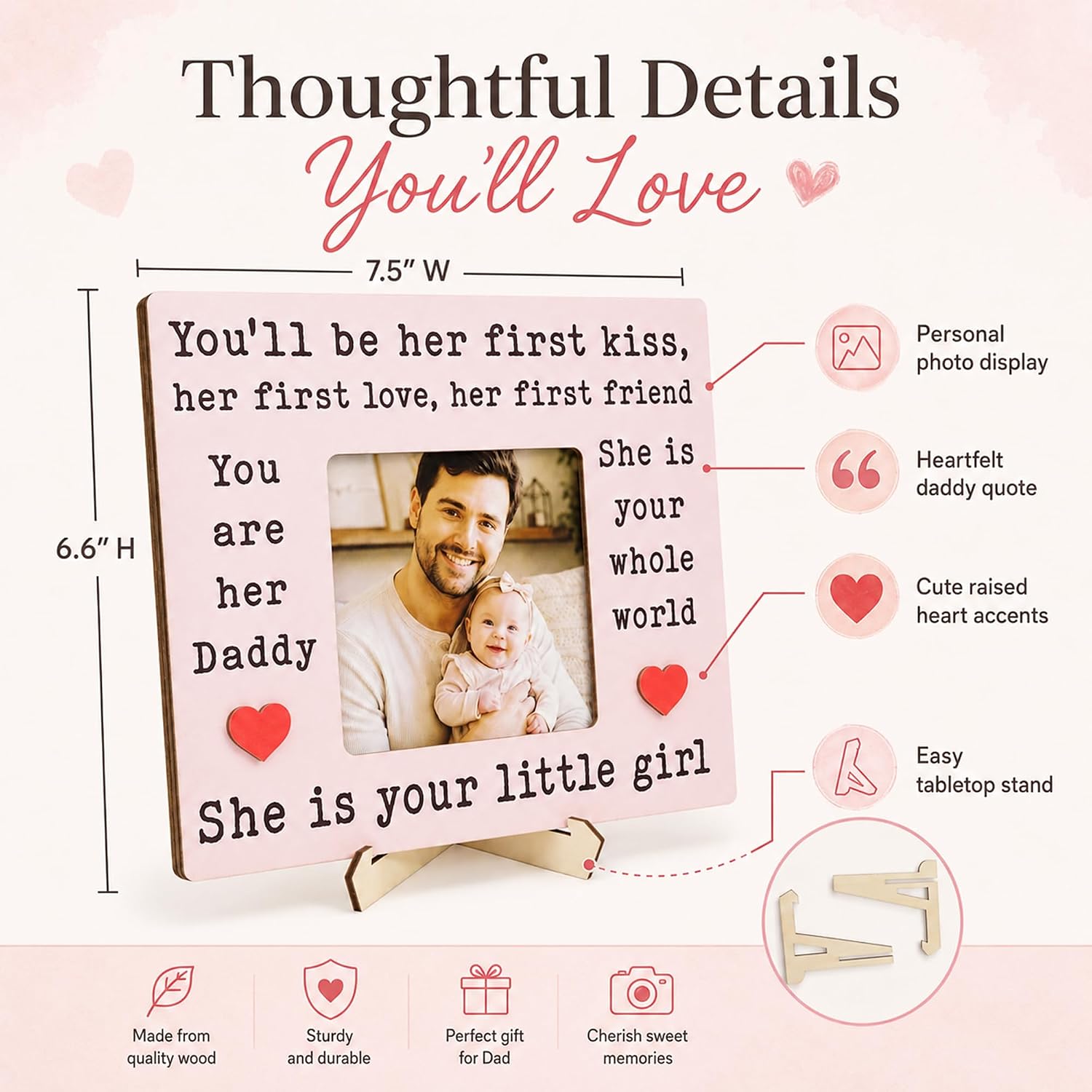 You Are Her Daddy Photo Frame with Wooden Stand, 4x6 Baby Girl Keepsake Frame for Dad, Father’s Day Gift for Dad from Daughter, New Dad Gifts for Baby Girl Dad image 2
