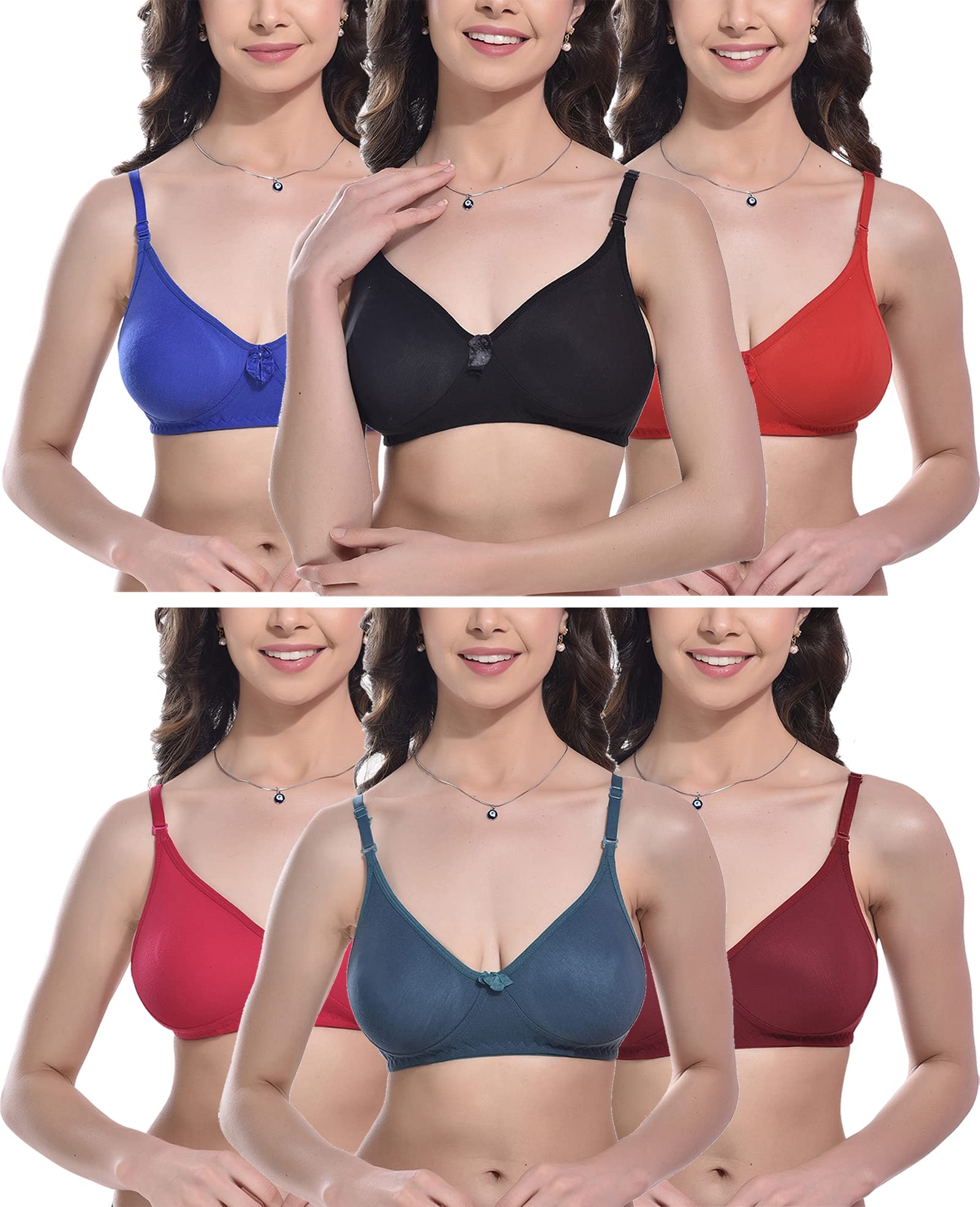 Women Cotton Blend Non-Padded Bra Non-Wired Mould Seamless Cup Solid Bras Cup-B Pack of 6, Multicolor