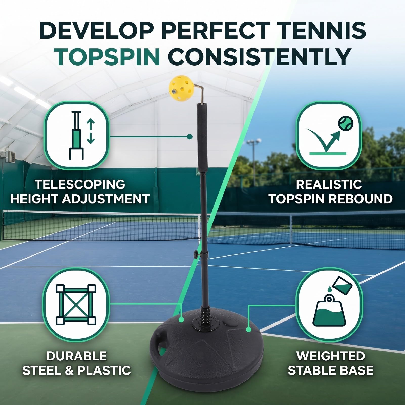 Tennis Topspin Trainer with Adjustable Height | Plastica resistente e acciaio, design di rimbalzo per colpi più profondi, supporto di base stabile per la pratica