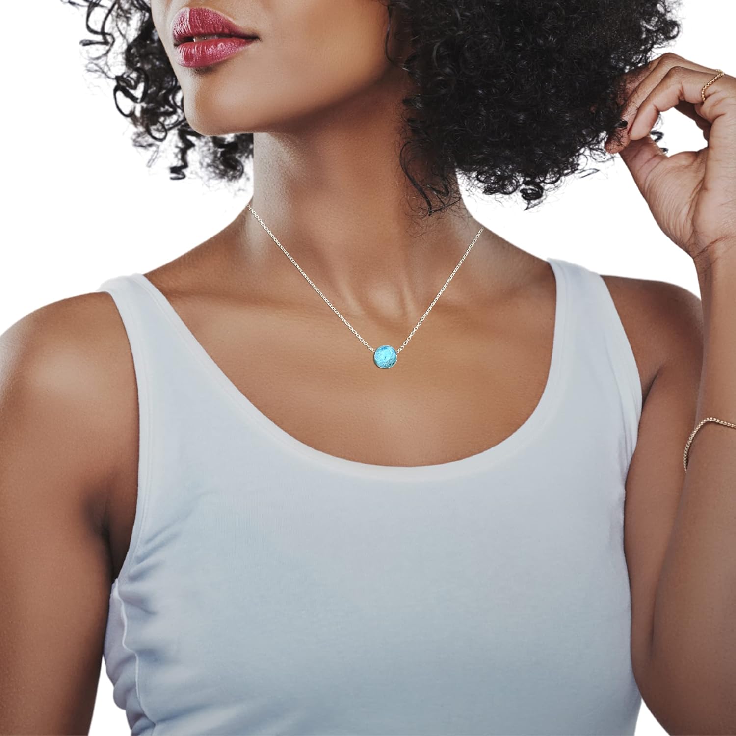 Sterling Silver 16" + 2" Natural Larimar 8mm or 10mm Stone Bead Necklace