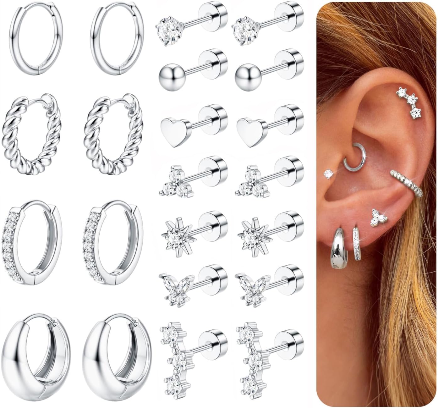 Florideco Hypoallergenic Flat Back Earrings for Women Trendy Surgical Steel Earrings for Sensitive Ears 14K Gold Plated Cartilage Earring Stacks FlatBack Stud Earring Set for Multiple Piercing