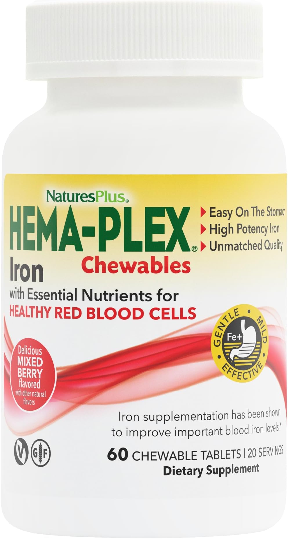 NaturesPlus Hema-Plex Iron - 60 Mixed Berry Chewables - 85 mg Elemental Iron - Total Blood Health - with Vitamin C & Bioflavonoids - Non-GMO, Vegan & Gluten Free - 20 Servings