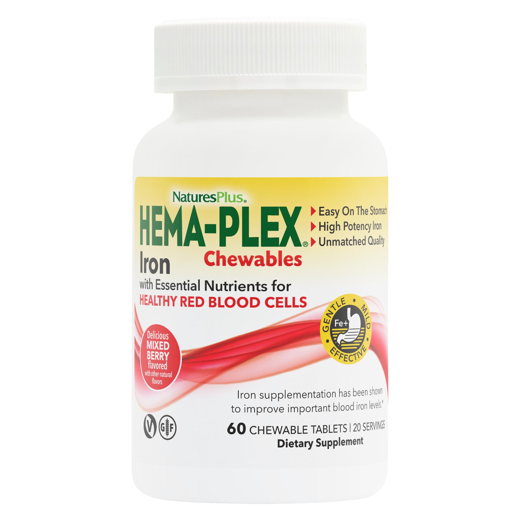 Nature's Plus Hema-Plex Iron - 60 Mixed Berry Chewables - 85 mg Elemental Iron - Total Blood Health - with Vitamin C & Bioflavonoids - Non-GMO, Vegan & Gluten Free - 20 Servings