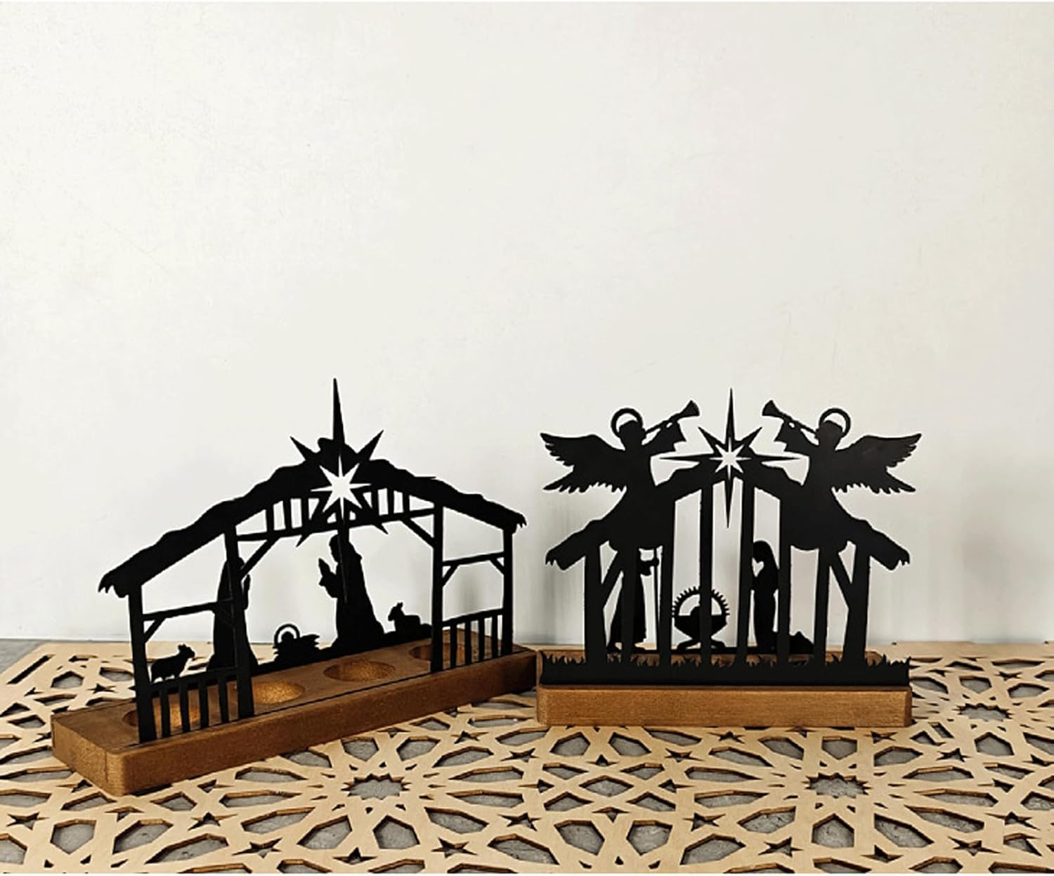 Unique Black Metal Tealight Candle Holder Nativity Set with Wood Base, Christmas Iron Silhouette Candle Holder, Nativity Scene Nativity Sets for Christmas Indoor Spring Decor (A)