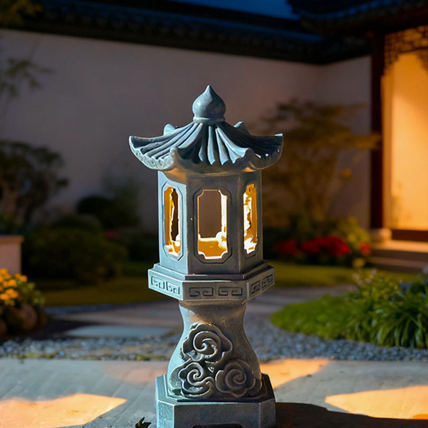 Latemeia Pagoda Garden Statue, 12.6inch Resin Japanese Pagoda Statues with Solar Lights, Waterproof Zen Garden Landscape Lantern, Solar Figurine Lights for Pathway, Yard, Lawn Decorations (Style 2)