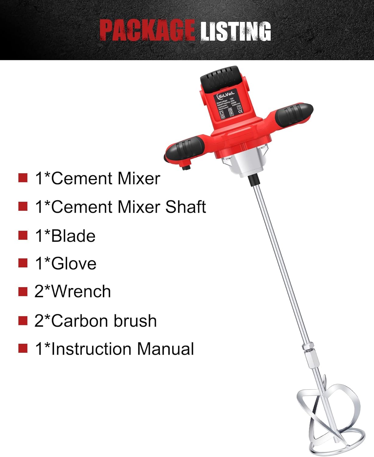 SILVEL Cement Mixer, 2300W Handheld Electric Concrete Mixer, Portable Mortar Mixer with 6 Adjustable Speed, 110V Mud Mixer for Mixing Mud, Cement, Mortar, Paint, Fodder : Tools & Home Improvement