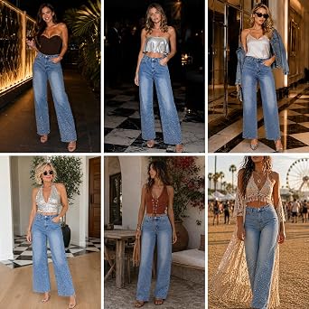 Rhinestone Jeans for Women High Waisted Wide Leg Baggy Y2K Sparkly Denim Pants for Country Concert Festival Night Out Party