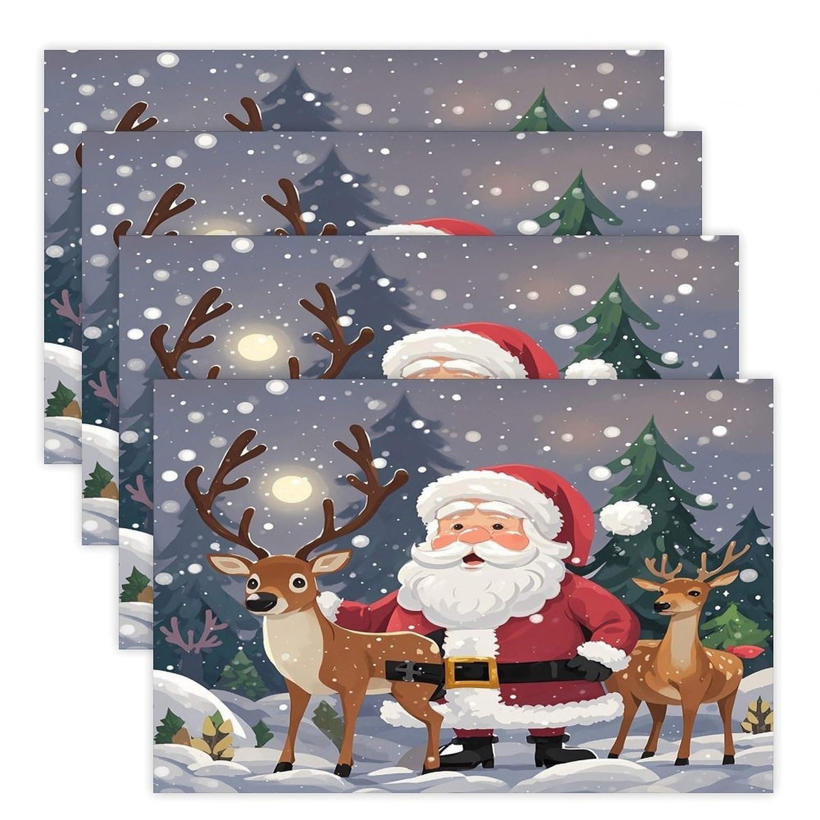Santa Claus and Deer Elk Placemats Flax Place Mats for Dining Table Rectangle Non-Slip Table Mats Heat Resistant Washable Placemat for Kitchen Home Decor Party Outdoor 12" X 18"