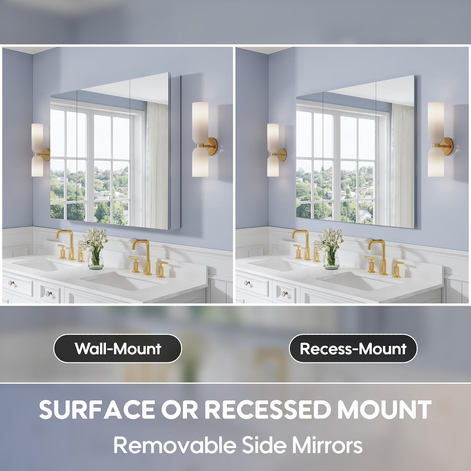 WELLFOR 44" x 36" Bathroom Medicine Cabinet with Mirror, Anodized Chrome Aluminum Frame, Surface Mount or Recessed Medicine Cabinet with Mirror, Bathroom Mirror with Storage, Three Doors