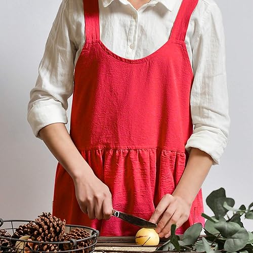 Miniatura 4 de Uaussi Delantal de trabajo de lino de algodón con espalda cruzada para mujer con bolsillos, vestido de pinafore en X cruzado para jardinería de chef