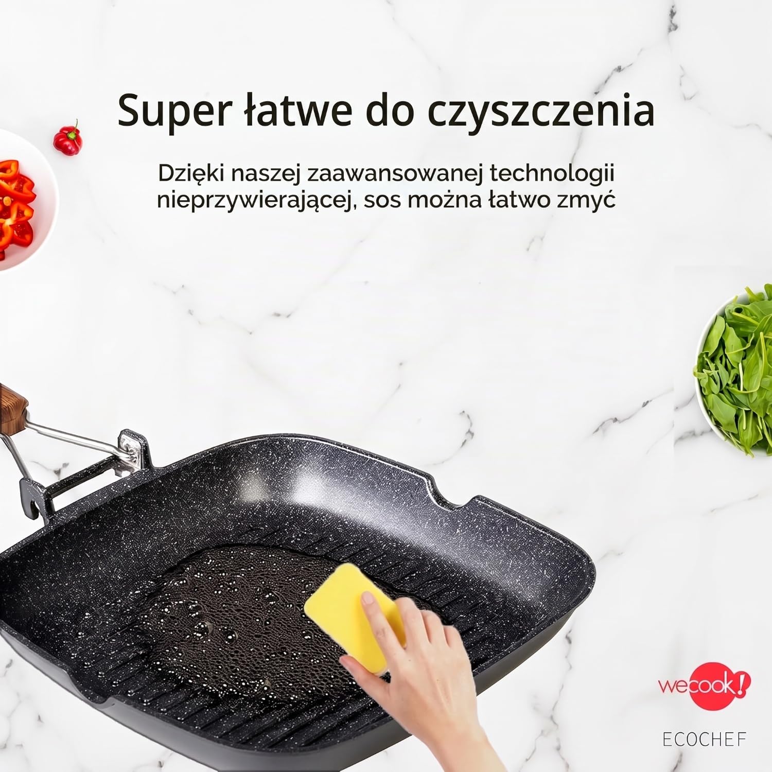 WECOOK! Ecochef tytanowa patelnia do grilla indukcyjna, falista 28 x 28 cm, powłoka nieprzywierająca, Quantanium Ekologiczna PFOA, odlew aluminiowy, grubość 5 mm, składany drewniany uchwyt, ceramika