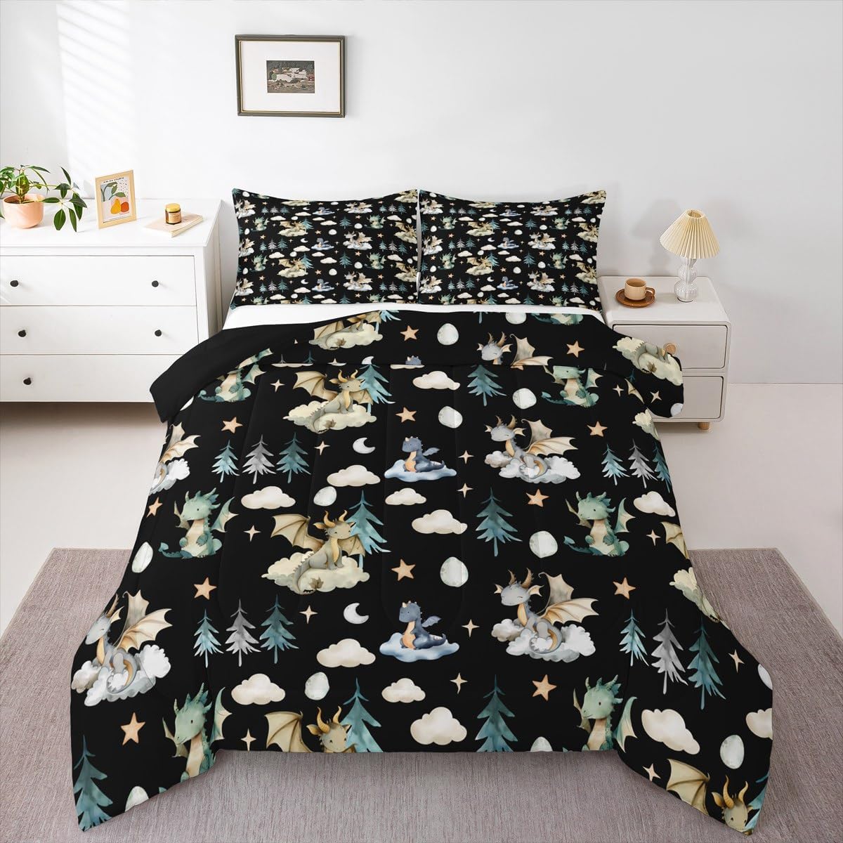Feelyou Cute Dragon Bedding Set All Season Baby Dragon Comforter Set with 1 Pillow Cases Kawai Cloudy Microfiber Kids Toddler Bedclothes Tree Botanical Bedroom Decor Black Green Gold Duvet Quilt