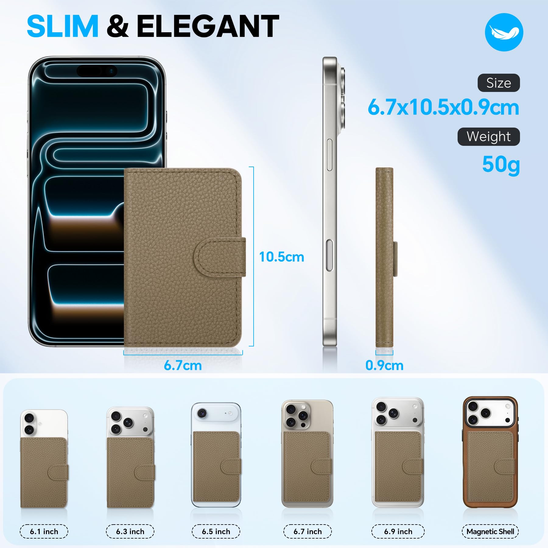 SHIELDON Tarjetero Adhesivo, Cartera Magnética de Cuero Genuino Extraíble [Bloqueo RFID][Ranura para Tarjeta] Leather Phone Wallet para iPhone Serie 17/16/15/14/13/12 - Grano de Litchi Caqui