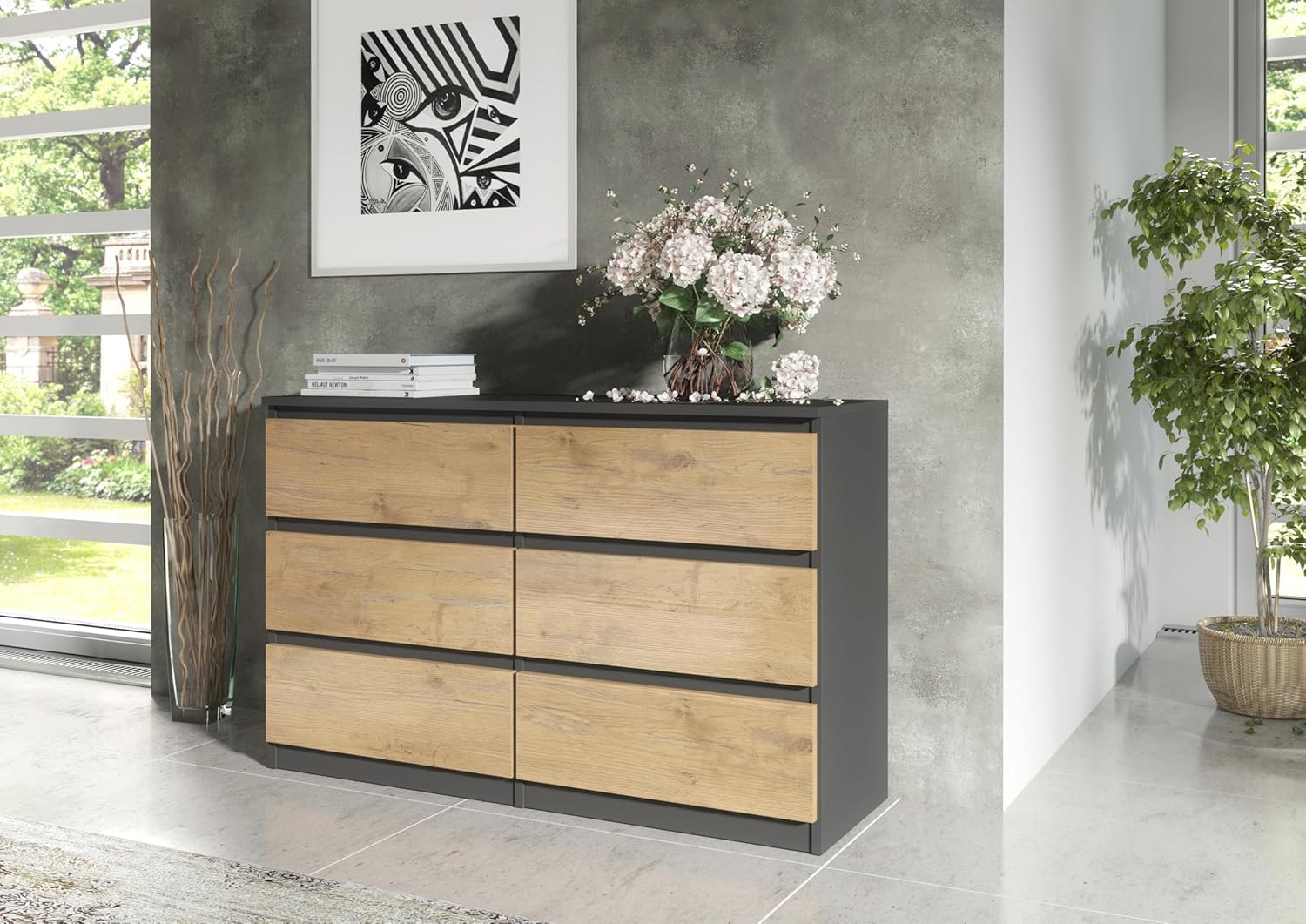 meble masztalerz Cassettiera Camera da Letto con 6 Cassetti - Credenza Soggiorno - Moderna Comò - Cassettiera Alta - Mobiletto con Cassetti - Antracite & Lancelot 138,5 x 39 x 78,5 cm