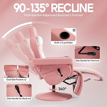 Dowinx Gaming Recliner Chair No Wheels with Footrest Shtasu Massage Lumbar | Racing Style Ergonomic High Back Recliner Heavy Duty with Wider Backrest Thick Cushion for Home Long Gaming Session Pink