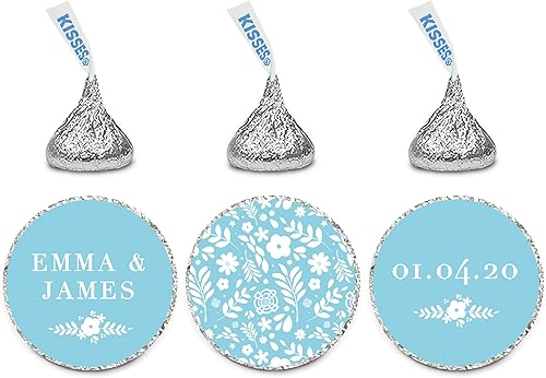 Andaz Press Etiquetas adhesivas personalizadas de gota de chocolate para boda, flores florales, azul bebé, paquete de 216, para compromiso,