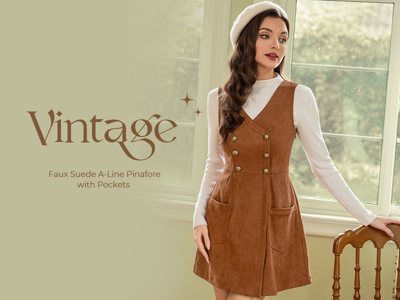 Belle Poque Women's Vintage Suede A-Line Pinafore Overall Dress with Pockets V Neck Elastic Waist Fall Outfits Brown 2XL : Clothing, Shoes & Jewelry