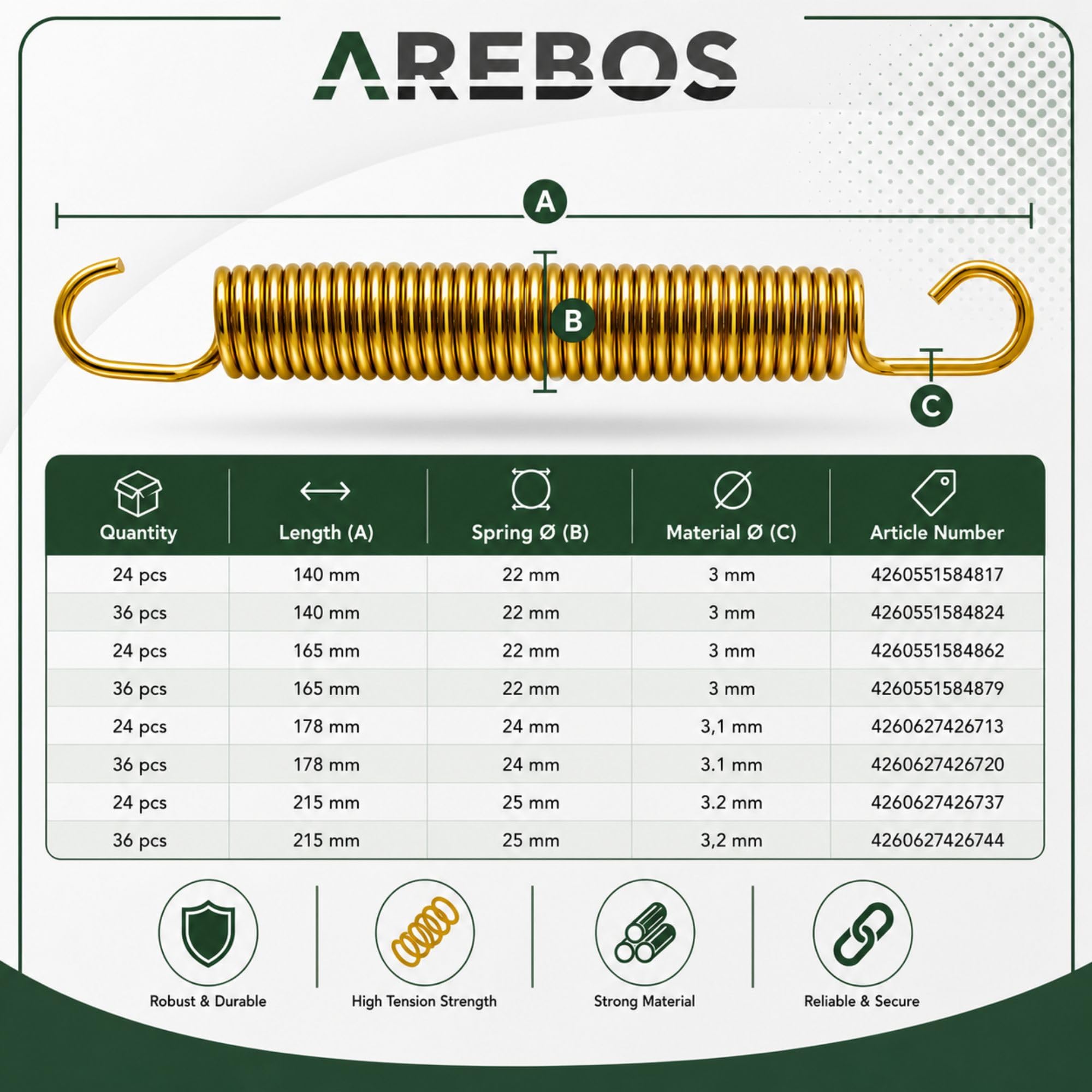 Arebos Muelles para Cama elástica | Muelle de tensión | 215 mm