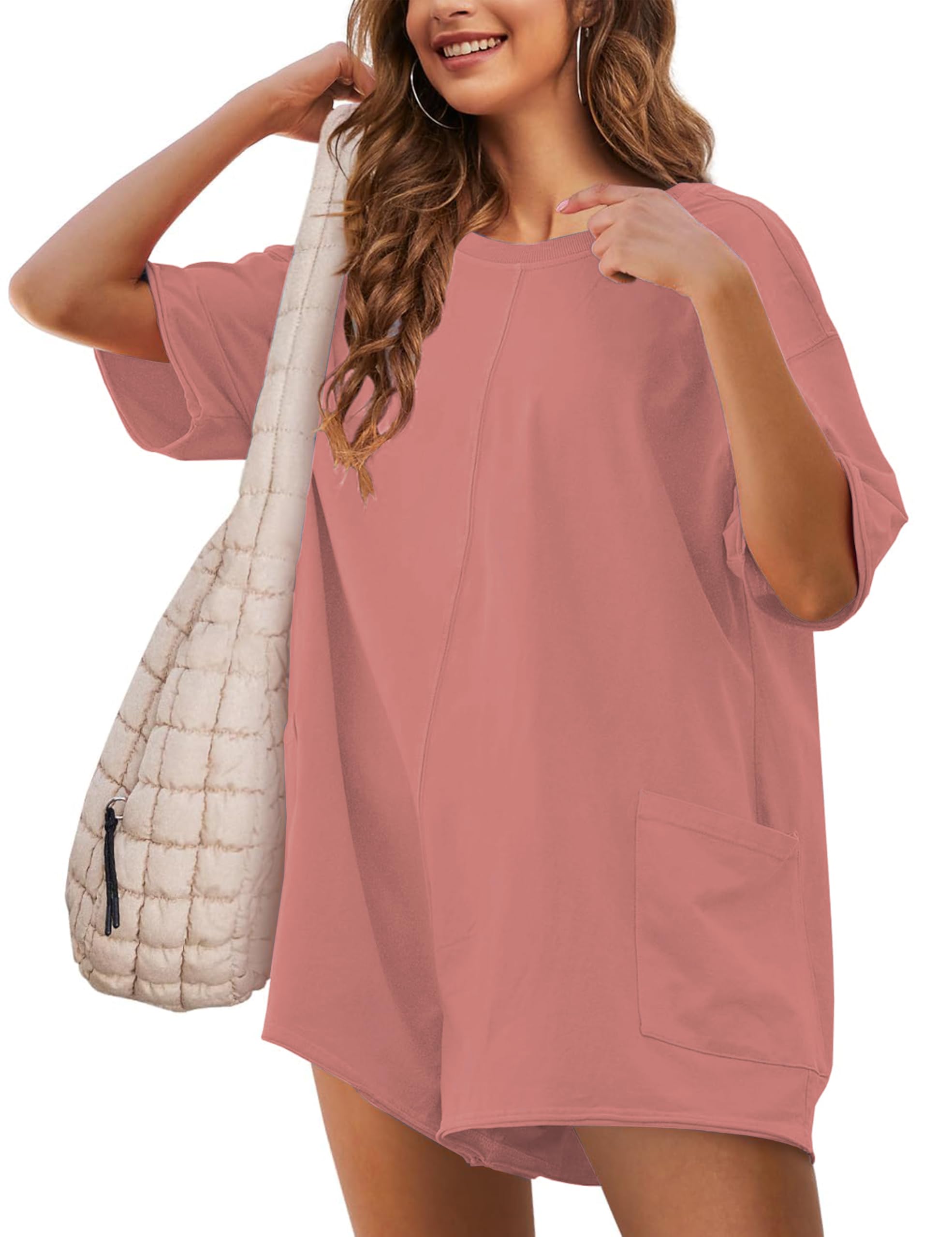 LTSCNRM Womens Tee Rompers Casual One Piece Hot Shot Oversized Overall Short Sleeve Reversible Athletic Workout Pockets