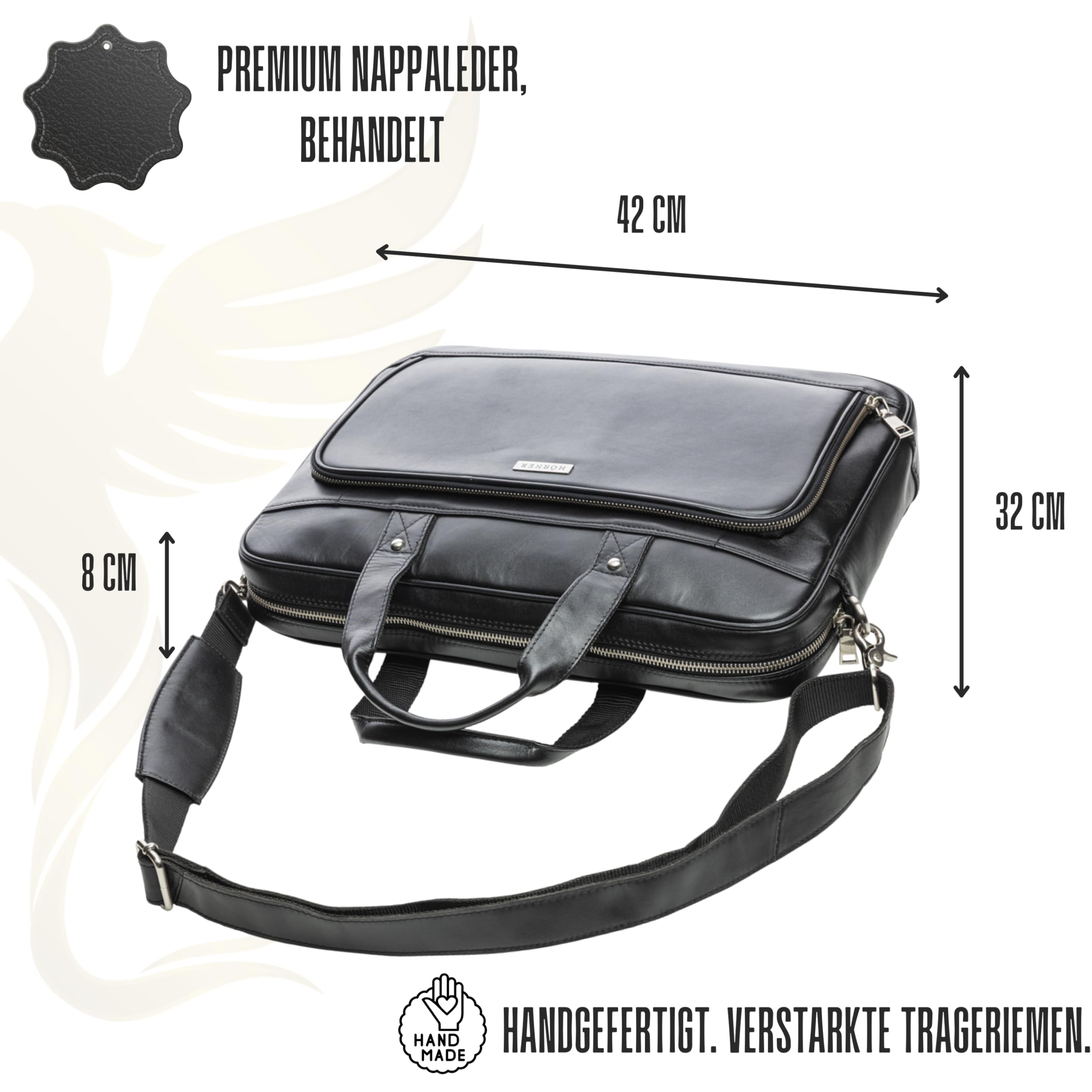 Hörner Bremen Businesstasche aus Echtleder – Schwarz | Laptoptasche 15,6 Zoll mit gepolstertem Laptopfach, 42×32×8 cm, abnehmbarer Schulterriemen, viele Fächer, Damen & Herren