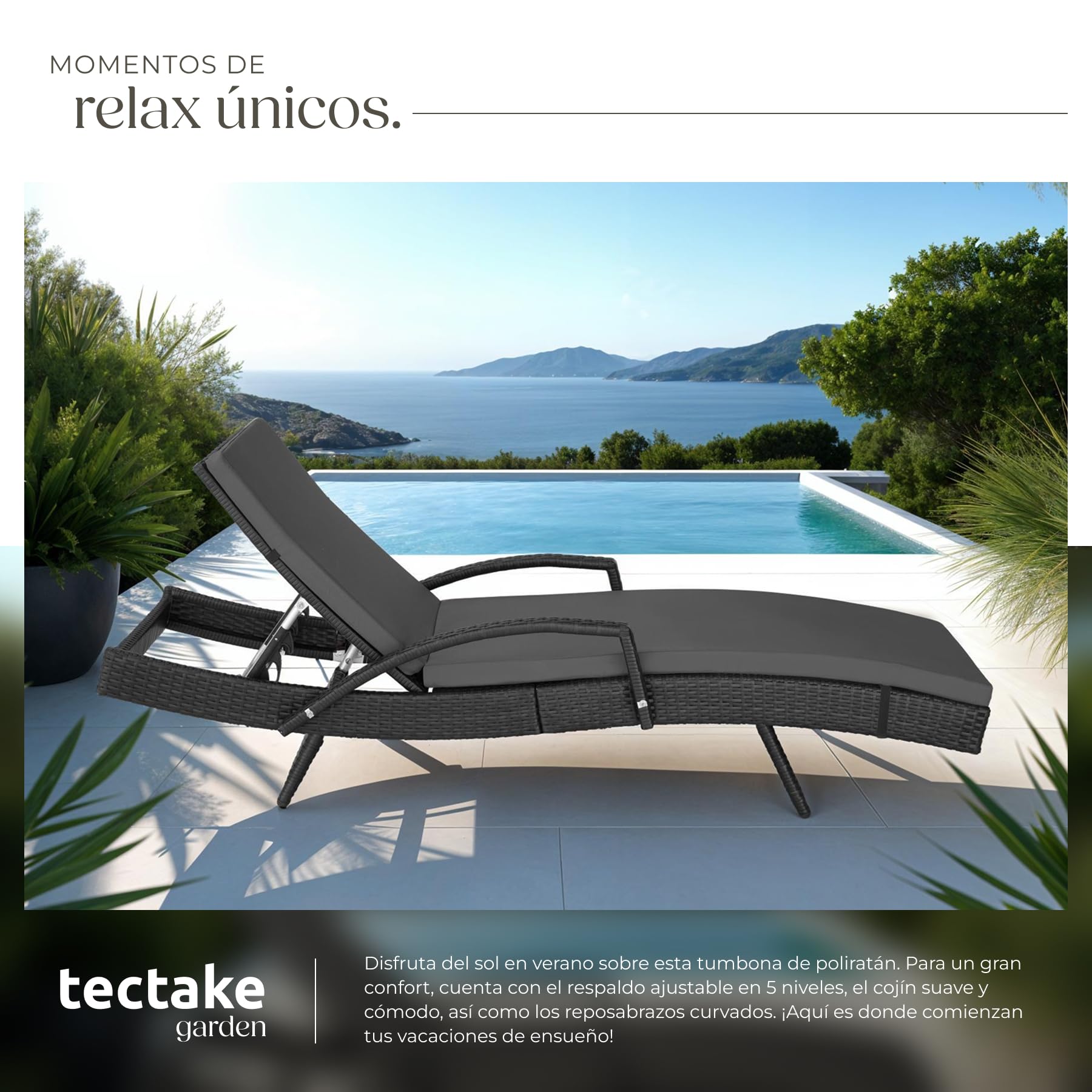tectake® Tumbona Jardín Exterior de Ratán y Aluminio, Tumbona de Piscina con Respaldo Regulable en 5 Posiciones, Tumbona de Playa Impermeble y Resistente a Intemperie, Fácil Limpieza - Negro