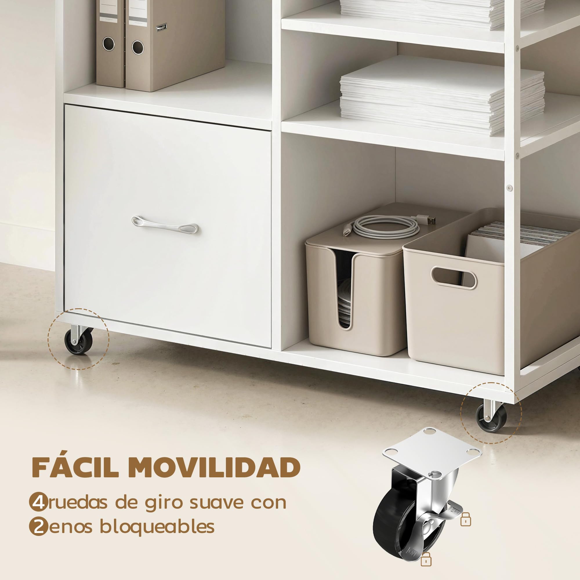 HOMCOM Mueble para Impresora con Ruedas, Mesa para Impresora con Estantes Abiertos y Cajón para Documentos Tamaño A4 y Carta, Archivador Móvil para Oficina en Casa, Blanco