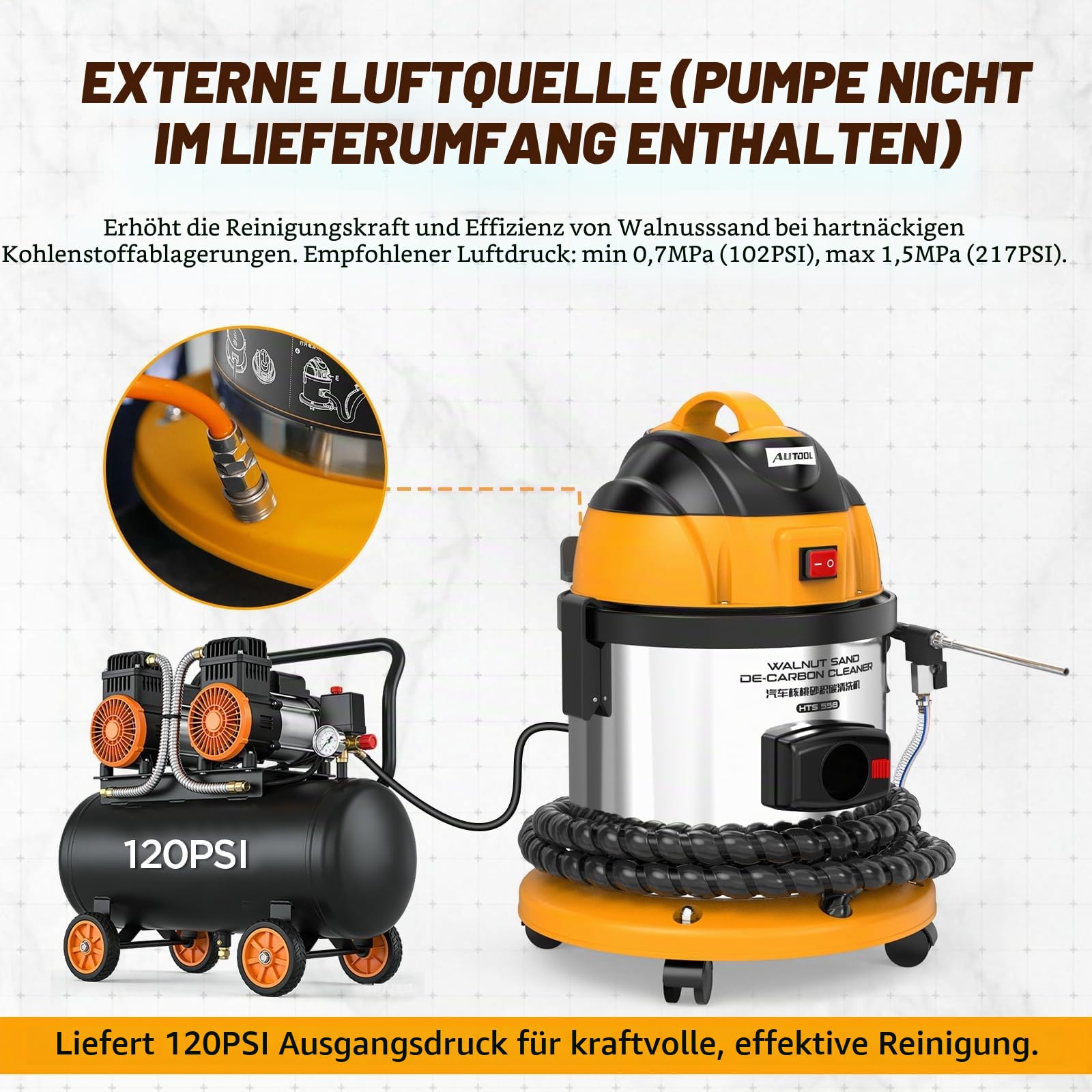 HTS558 Walnuss Strahlgerät 220V 1200W，13L Nussschalen Strahlgerät Sandstrahler, KFZ Ansaugrohr Ventil Reiniger mit Sandstrahlpistole zum Motorkohlenstoffentfernen undKraftstoff sparen