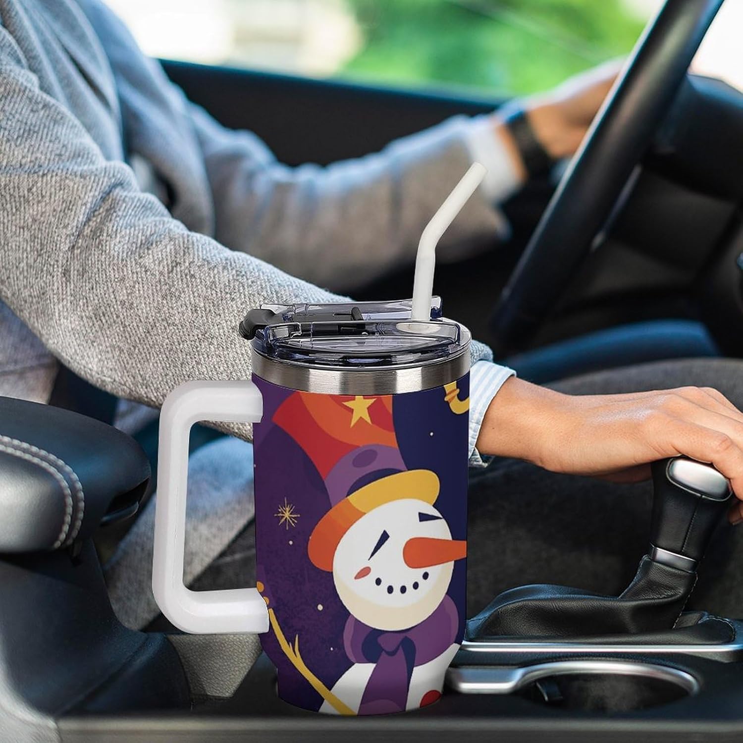 40 Oz Tumbler with Handle And Straw Lid Stainless Steel Insulated Coffee Cup Leakproof Travel Mug Snowman Plays Saxophone Water Bottle, Car Cup Holder Friendly,Gifts for Women Men