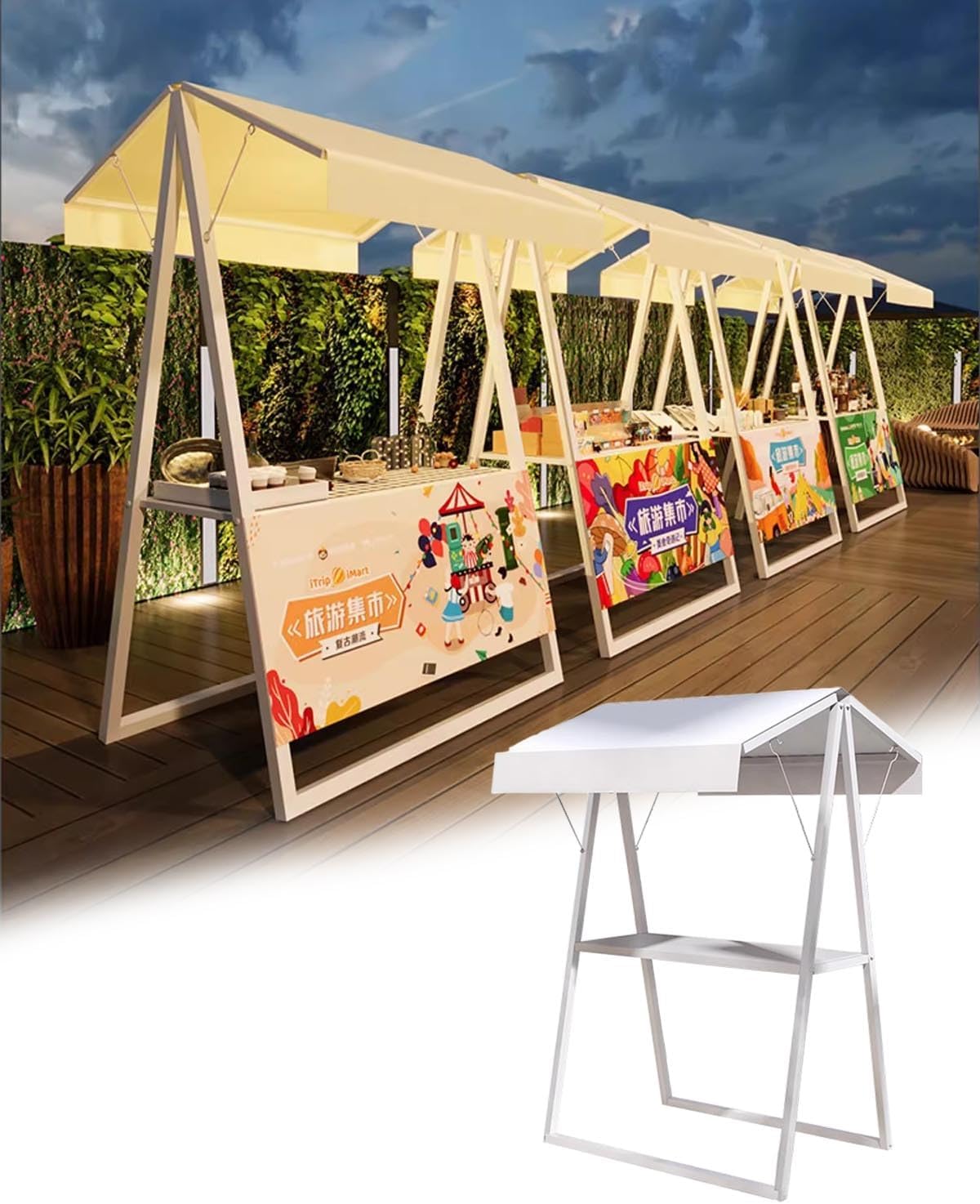 Heavy Duty Outdoor Food Cart with Canopy - Sturdy Folding Kiosk Stand for Snacks & Beverages - Portable Vendor Stall for Events, Markets & Festivals (Green)
