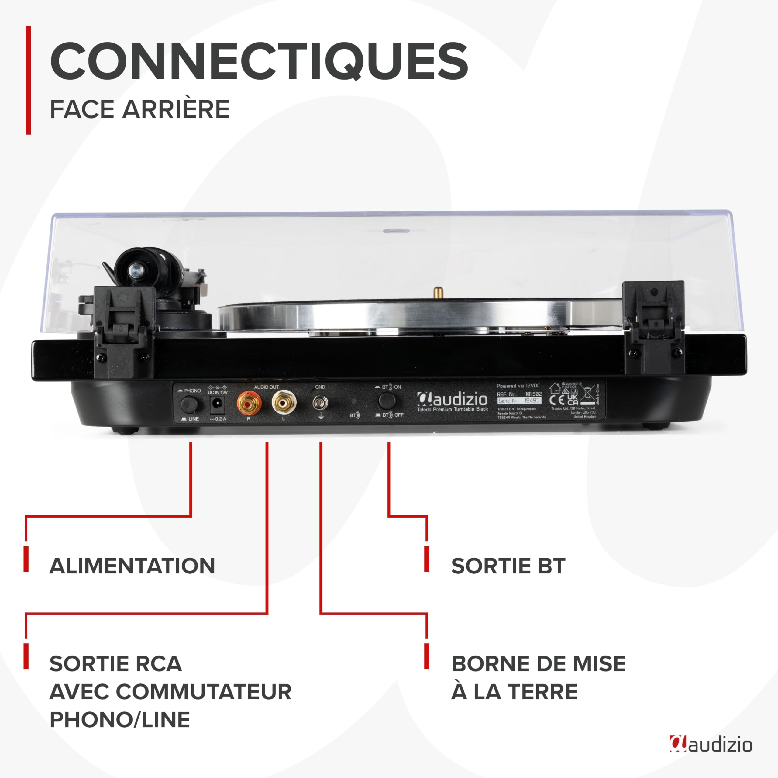 Audizio Toledo Platine Vinyle HiFi Premium Sortie Bluetooth - Noire, 33 et 45 TR/Min, Bras de Lecture Réglable, Cellule Audio Technica, Idéal pour Profiter de Vos Vinyles Préférés
