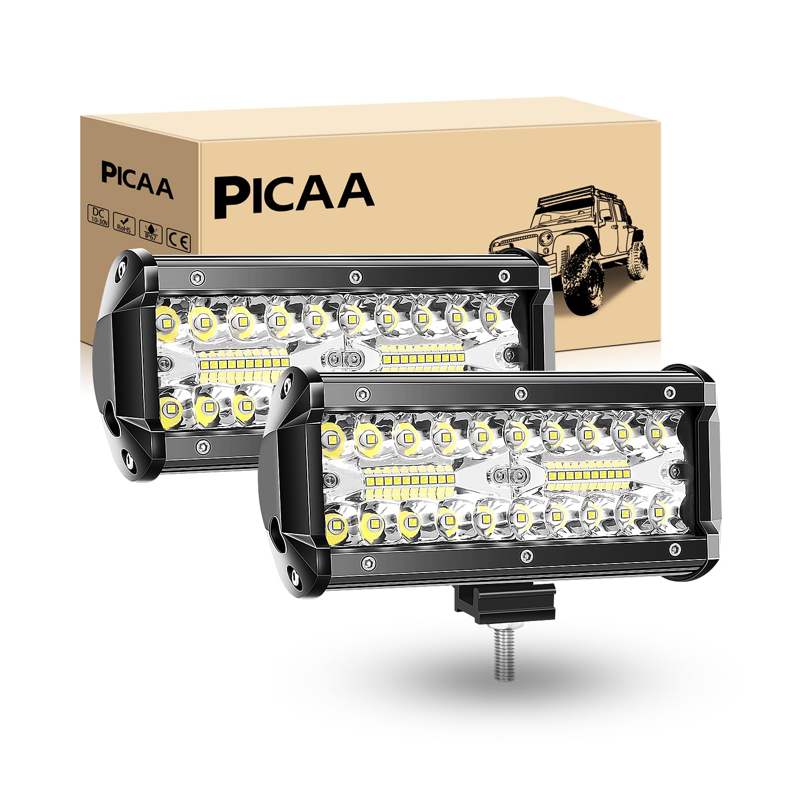 PICAA Barra luminosa a LED, 2 pezzi, 8D, trifila, 17,8 cm, 120 W, fascio combinato, luci da lavoro a barra per auto, lampada da guida fuoristrada, SUV, UTE 4WD 12 V 24 V, lampada da lavoro