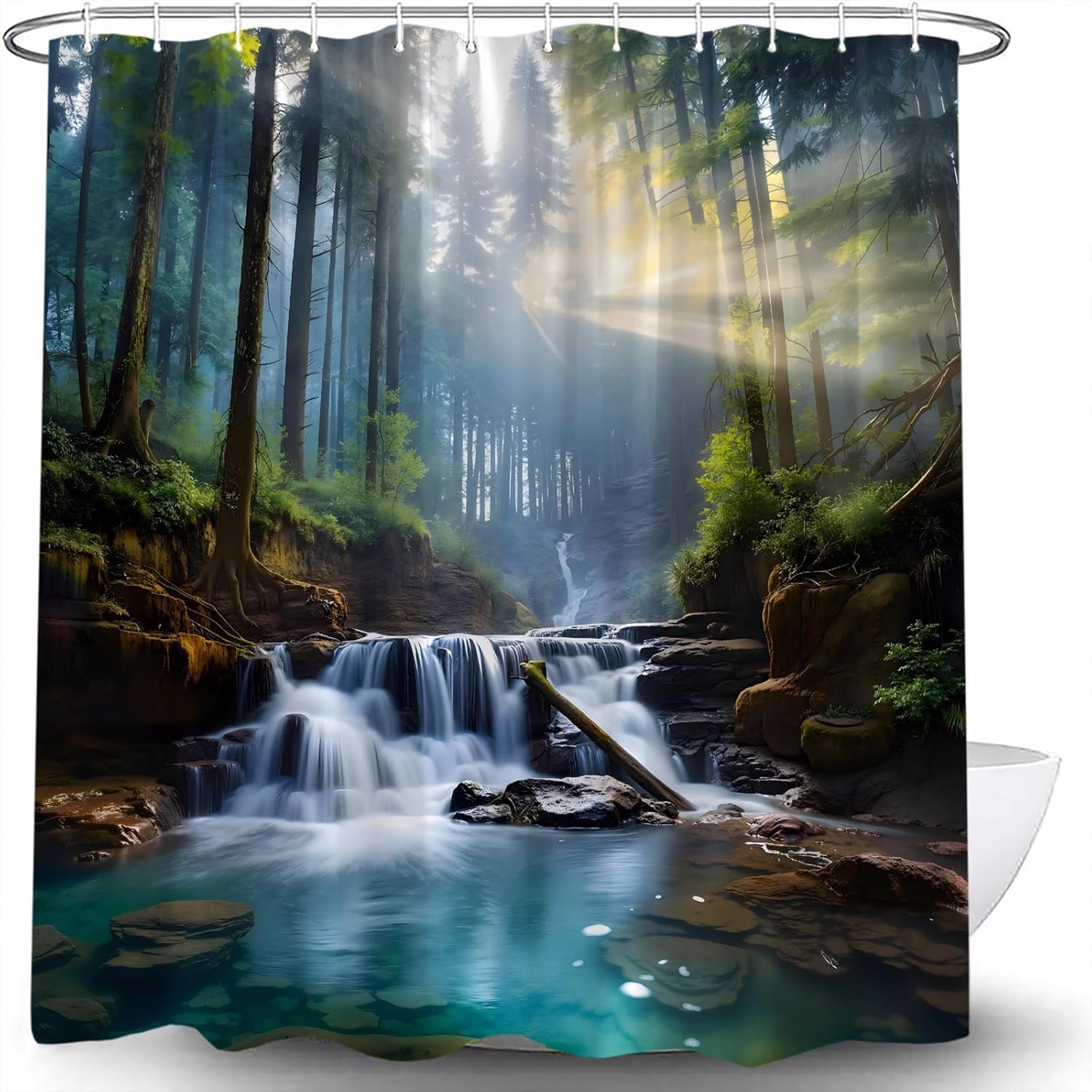 Waterfall Shower Curtain Nature Forest Landscape Flowing Stream Green Trees Jungle Tropical Rainforest Scenery Bath Curtain with Hooks