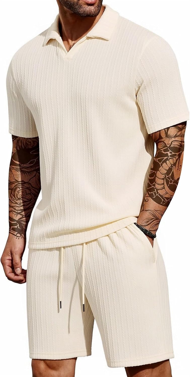 Angbater Mens Summer Beach Outfits 2 Piece Short Set Jacquard Texture Knit Lounge V Neck Shirt and Vacation Shorts