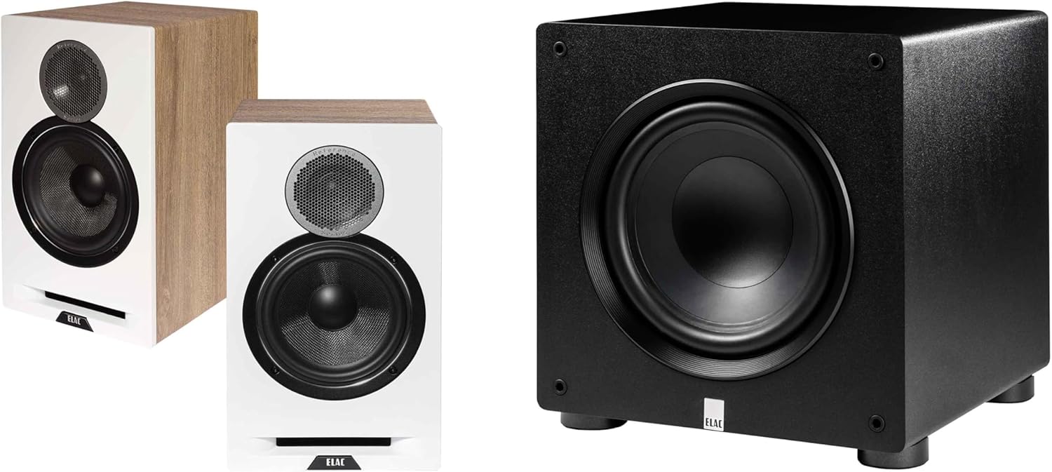 ELAC DBR62-W - Debut Reference 6.5" Bookshelf Speakers - White, Pair PS350-BK - Varro Premium 12" 350 Watt Powered Subwoofer with Auto-EQ