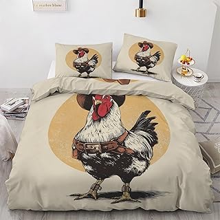 Cowboy Rooster Bedding Sets California King Size Funny Chicken Duvet Cover 3 Pieces Country Farm Comforter Cover Soft Breathable with Zipper Closure and 2 Pillow Shams