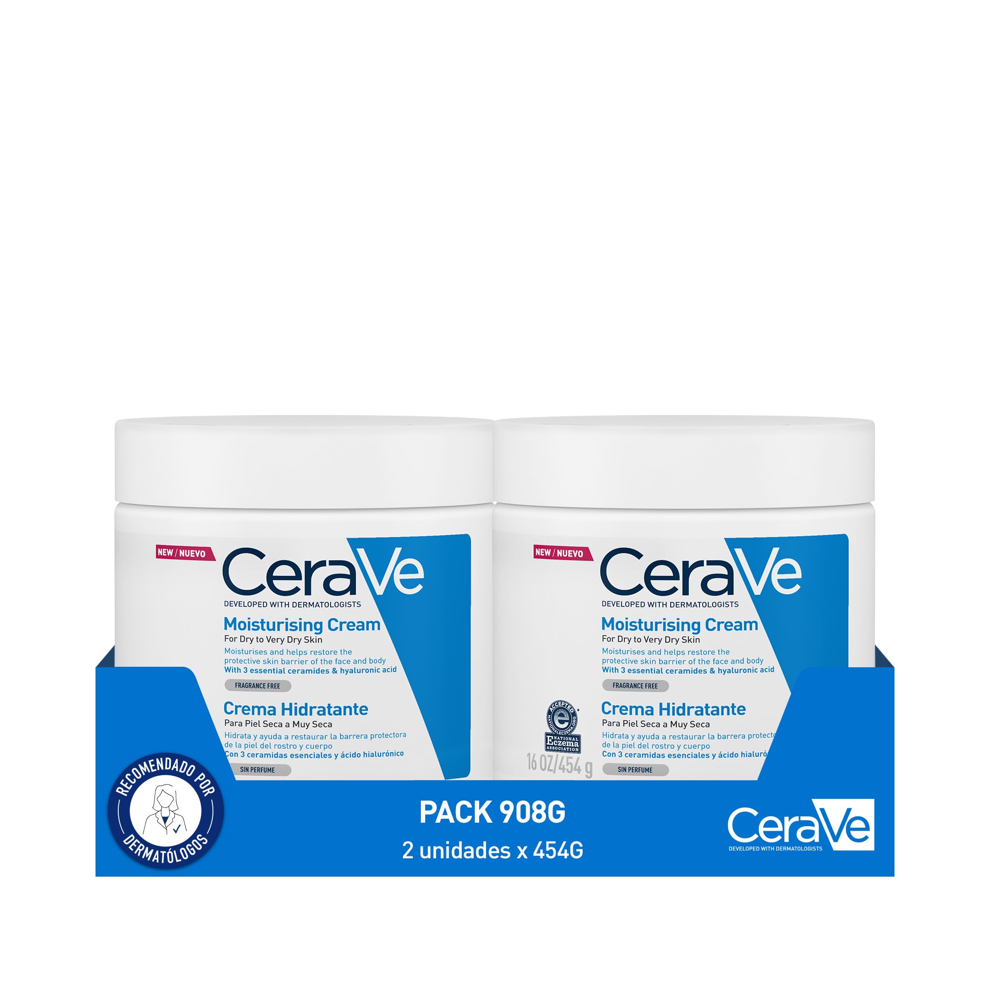 CeraVe Feuchtigkeitscreme für Gesicht und Körper, 2 x 454 g, ideal für trockene bis sehr trockene Haut, spendet Feuchtigkeit und stellt die Hautbarriere wieder her, angereichert mit essentiellen