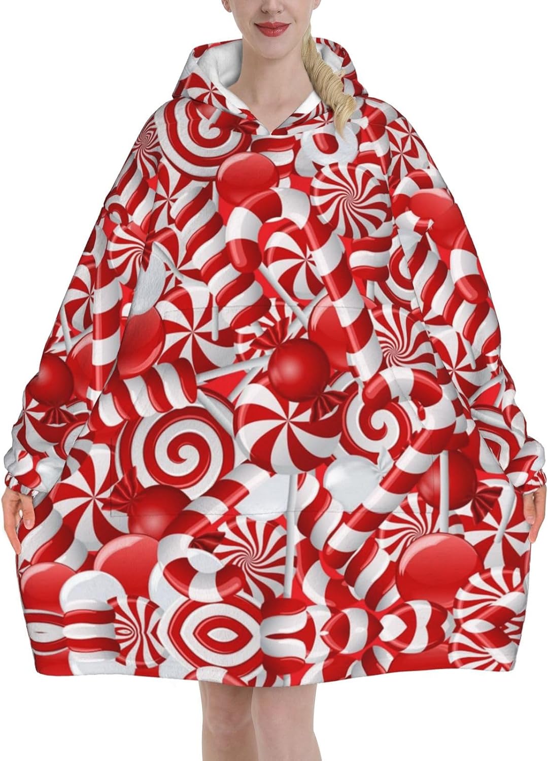MUSM Candy Canes Print Blanket Hoodie Fleece Sweatshirt Blanket With Sleeves And Pockets