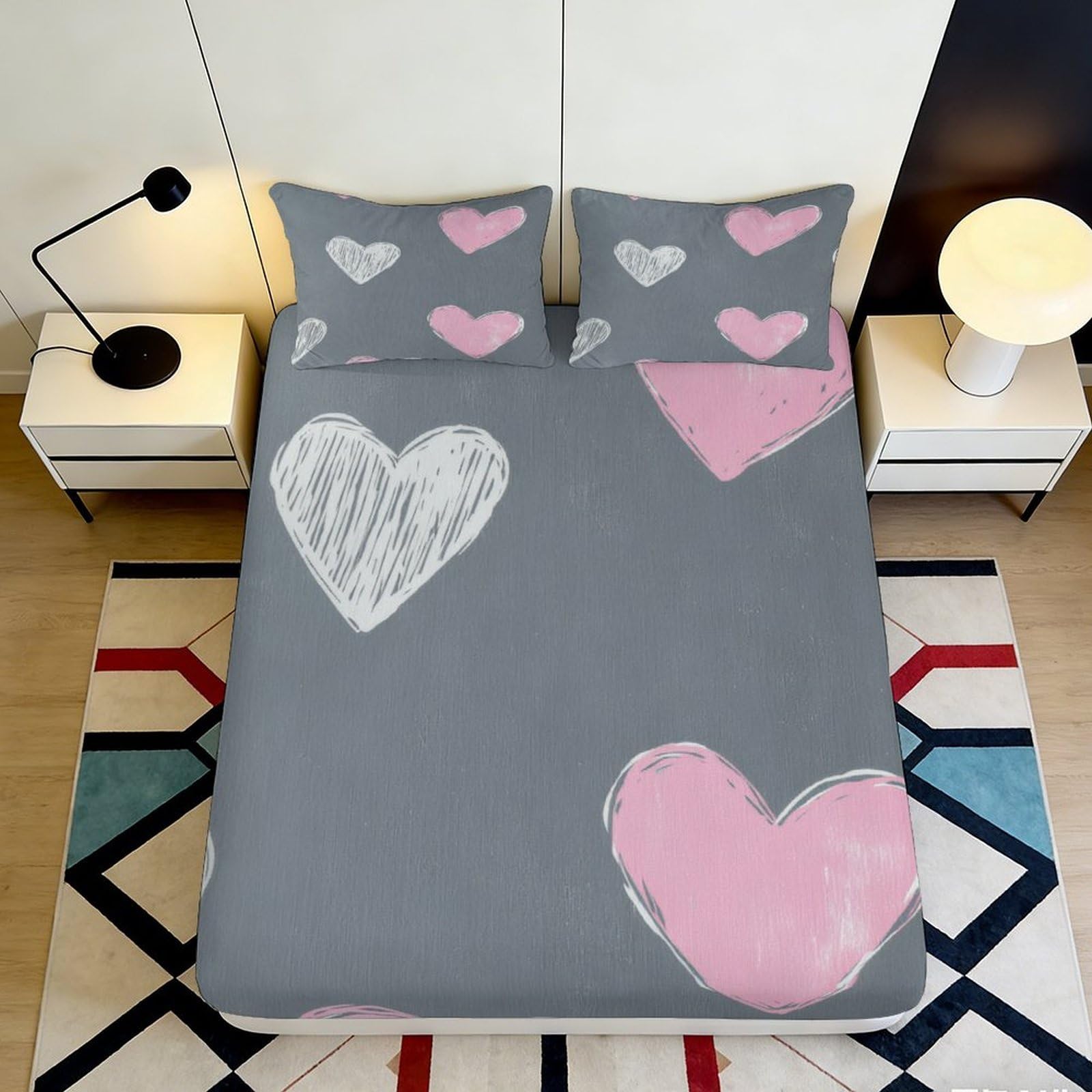 3D Printed Pink Heart Grey Fitted Sheet Microfiber Soft Anti-Slip Mattress Cover for Bedroom Dorm Dustproof Decor 160x200x25cm