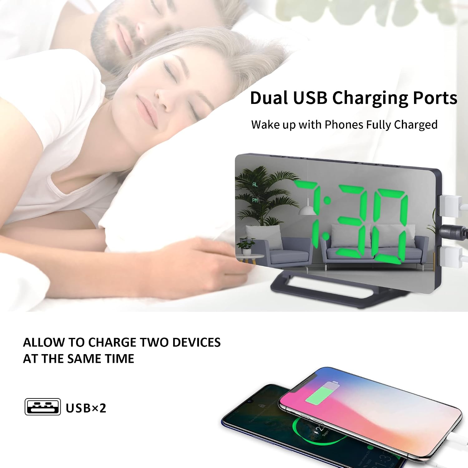 KEMOGE Digital Alarm Clock for Bedroom, Large Display Mirror Alarm Clock with Dual USB Charger Ports, 6.5" Aesthetic Desk Clock, Snooze, 3 Adjustable Brightness. （Green）