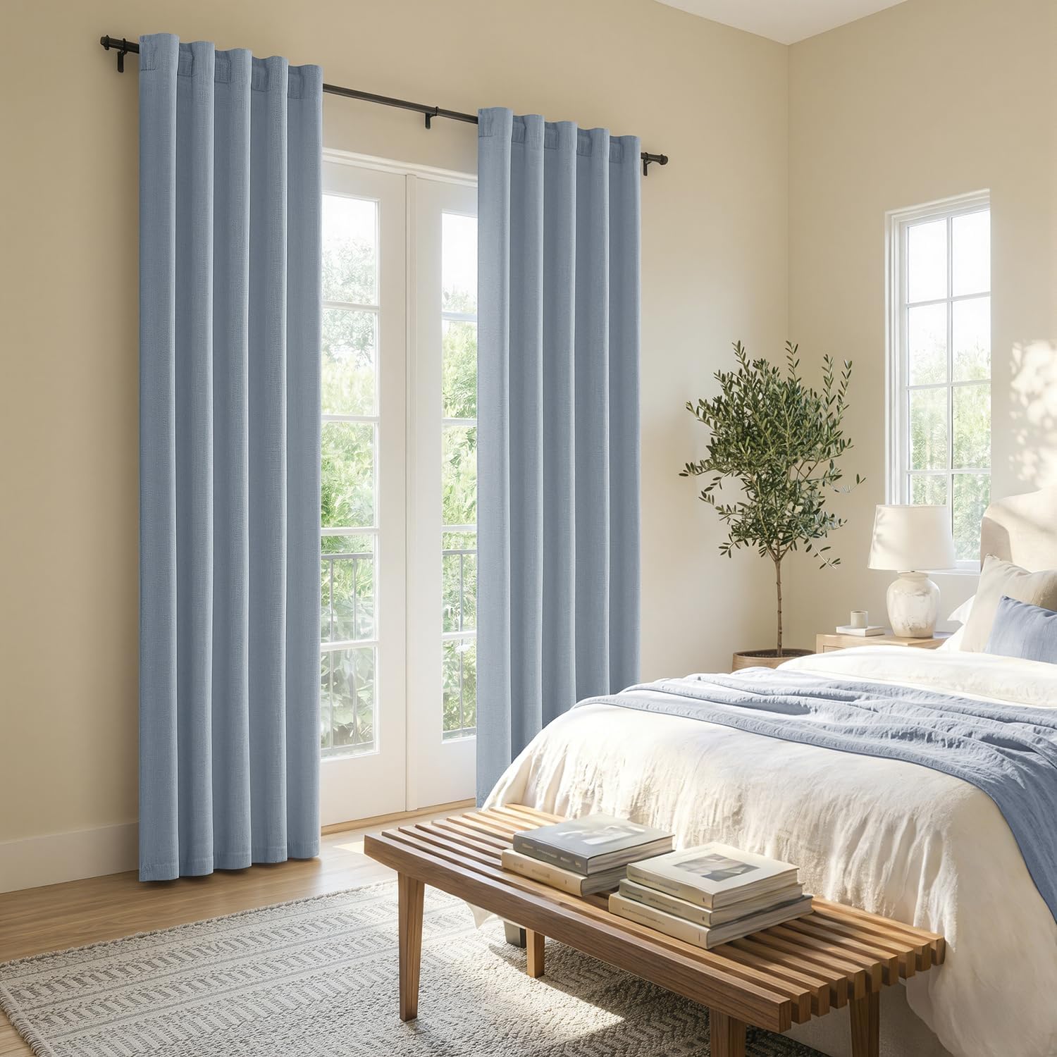 MIULEE Thick Linen Curtains 96 Inches Long Light Blue Semi Sheer for Farmhouse/Living Room/Bedroom, Linen Textured Light Filtering Window Privacy Drapes with Back Tab Rod Pocket, 42Wx96L, Set of 2