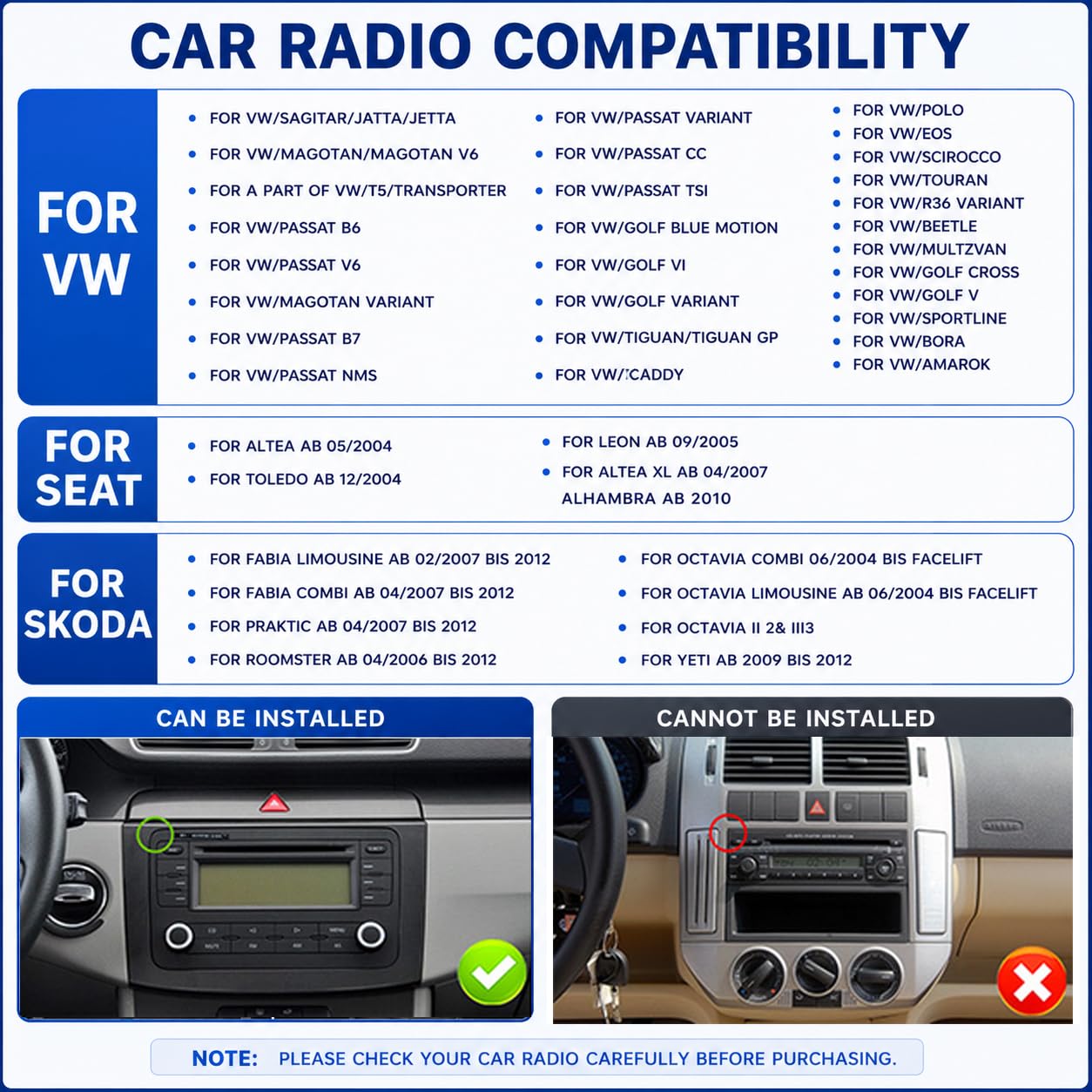 Radio carplay pour Pantalla Volkswagen VW Golf 5/6 Polo Passat Jetta Caddy EOS T5 Tiguan Touran CC con Wireless Carplay Android Auto 7 Écran IPS con Bluetooth/FM/RDS Radio/USB/SWC/Plug & Play/GPS