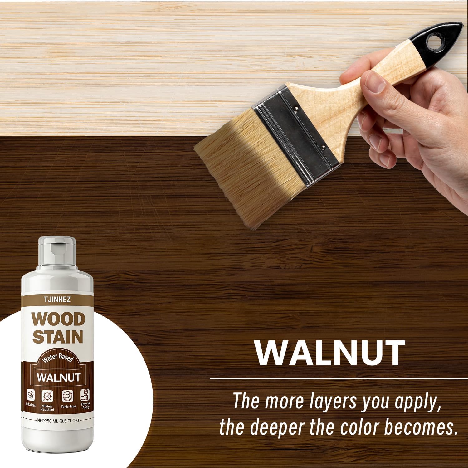 Walnut Wood Stain, 8.5oz/250ml Water Based Wood Stain, Premium Indoor & Outdoor Wood Finish for Furniture, Cabinets, Doors & Wood Surfaces - Fast Drying, Low Odor, Non-Toxic & Easy to Use