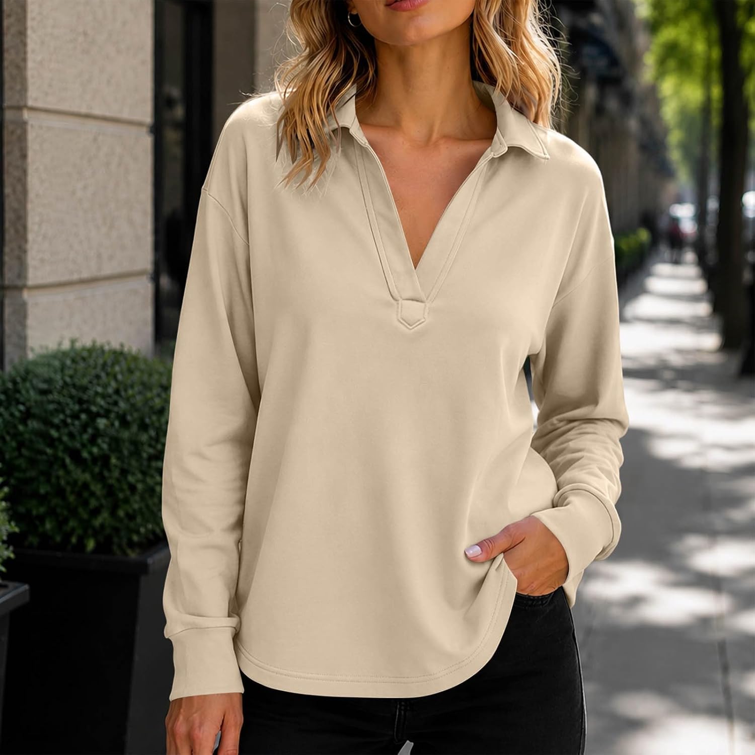 Women's Collared V Neck Long Sleeve Top Cuffed Sleeve Loose Blouse