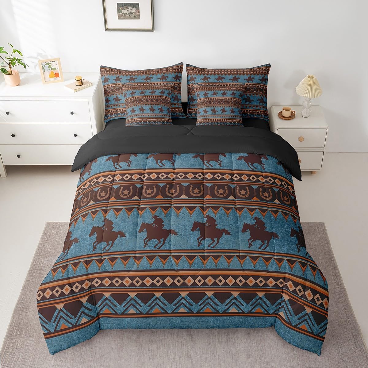 Feelyou Western Decor Comforter Set with Sheets Queen Size Southwestern Native Aztec Bed in a Bag Horse 7 Pieces Bedding Set Retro Exotic Boho Bed Set Room Decor Blue