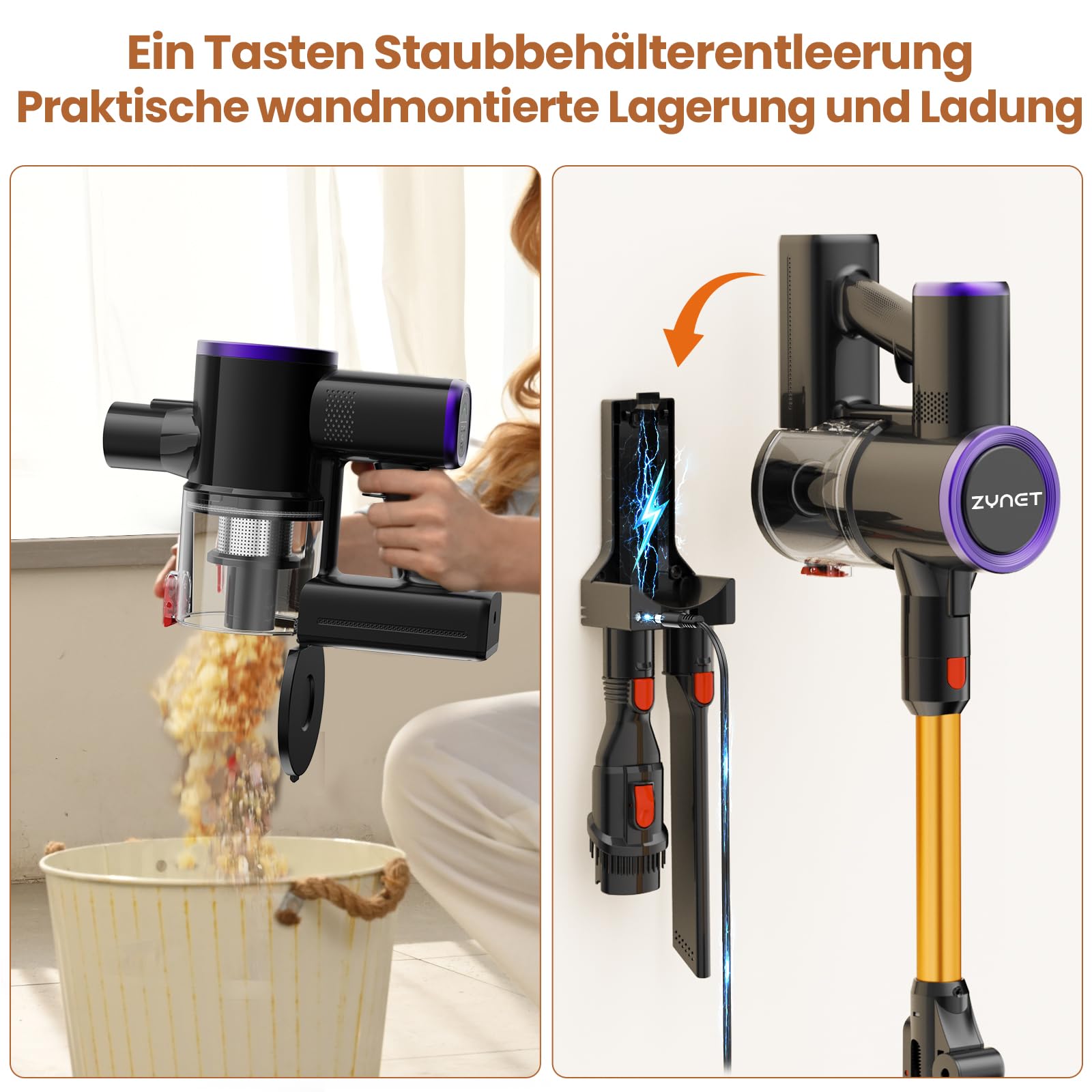 S9 Akku Staubsauger Kabellos, 45KPa/500W/45Min Akkustaubsauger mit Flexibles Biegegelenk, Kabelloser Akkusauger mit Wandladestation für Hartböden Teppiche Tierhaare