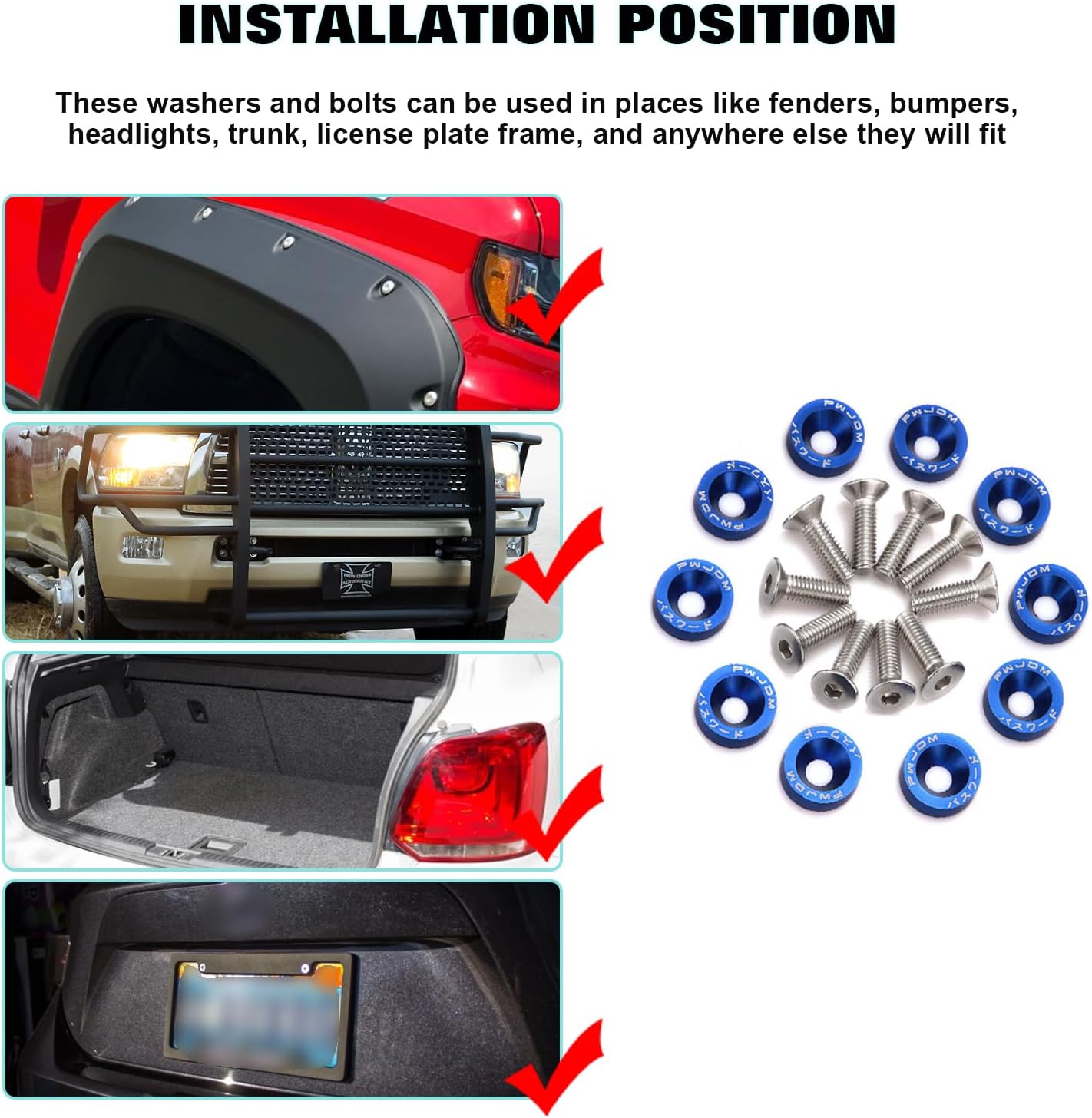 Xotic Tech Engine Oil Filler Tank Fuel Cap Cover + 10pcs Engine Bay Bolt Screw Washer + Front Hood Vent Space Riser Spacer Dress Up Kit Compatible with Honda Civic CRX or Acura Integra (Blue)